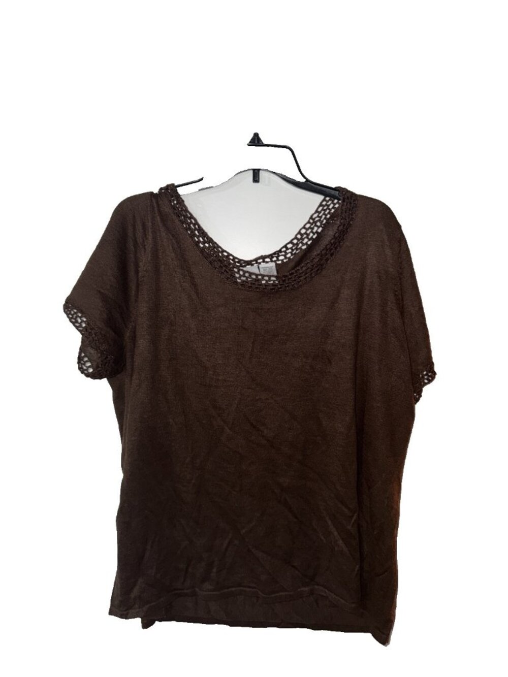 Jaclyn Smith Brown Boho Crochet Neckline Short Sleeve Blouse Top Plus Sz 2X
